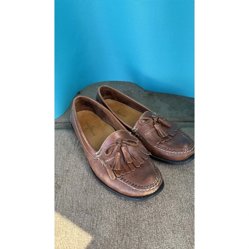 Cole Haan Men 10 Brown Leather Kiltie Tassel Loafers Boat Driving Shoes Moc Toe